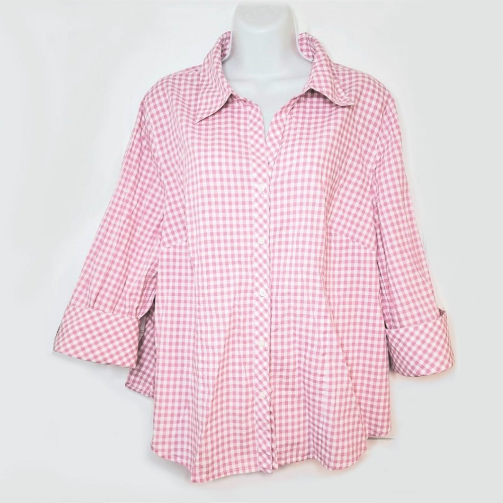 Liz & Co Women's Blouse 100% Cotton Pink Gingham 3/4 Cuff Sleeve Plus Size